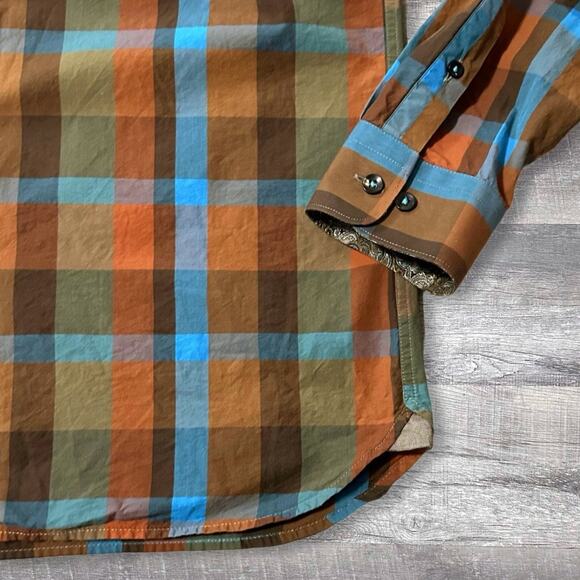 Bachrach Platinum Long Sleeve Button Down Shirt Mens S Orange Blue Check Cotton - Picture 3 of 8